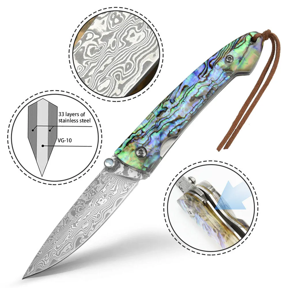 Nedfoss Polar-Bear Damascus Pocket Knife with Abalone Shell Handle