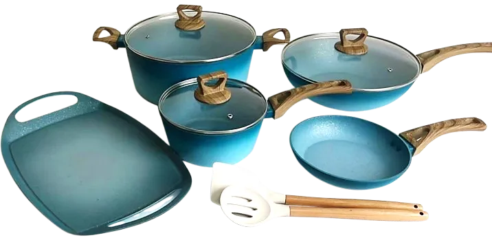 NEWARE bigger TURQUOISE Terracotta 10 Piece Cooking Set with GRIDDLE / Batería mas GRANDE de 10 piezas de TURQUESA Terracotta con COMAL