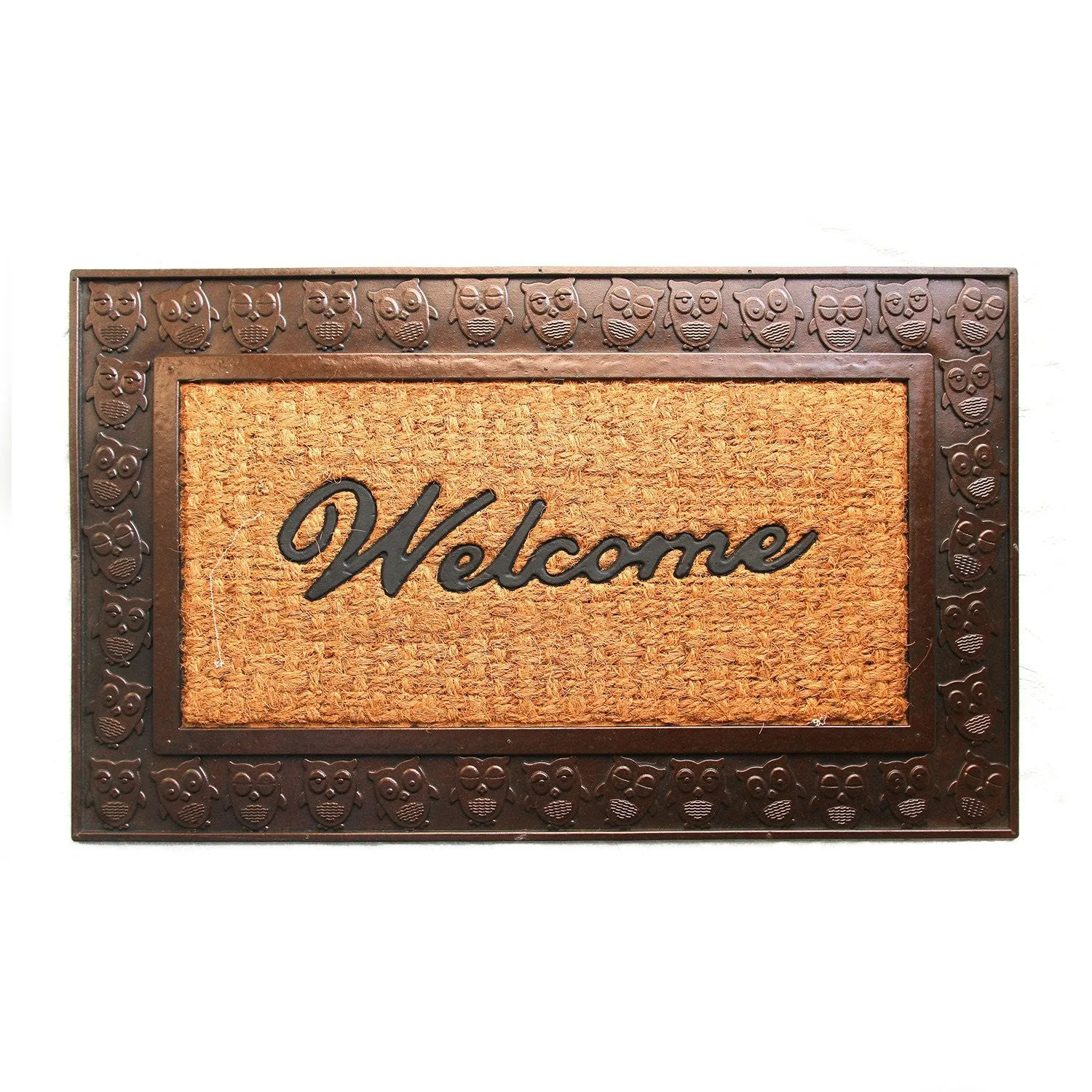 OnlyMat Brown Coco Rubber Welcome Entrance Door Mat with Owl Design Border