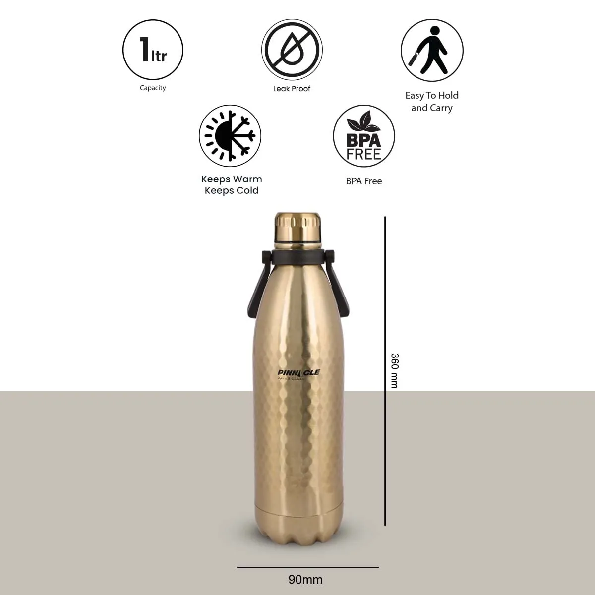 Pinnacle Pelican Stainless Steel Water Bottle | Insulated Steel Water Bottle 1 Litre |BPA Free| 24hrs Cold & Hot Water Bottle | Water Bottle for Kids & Adults | School, Office & Gym water bottle | Gold