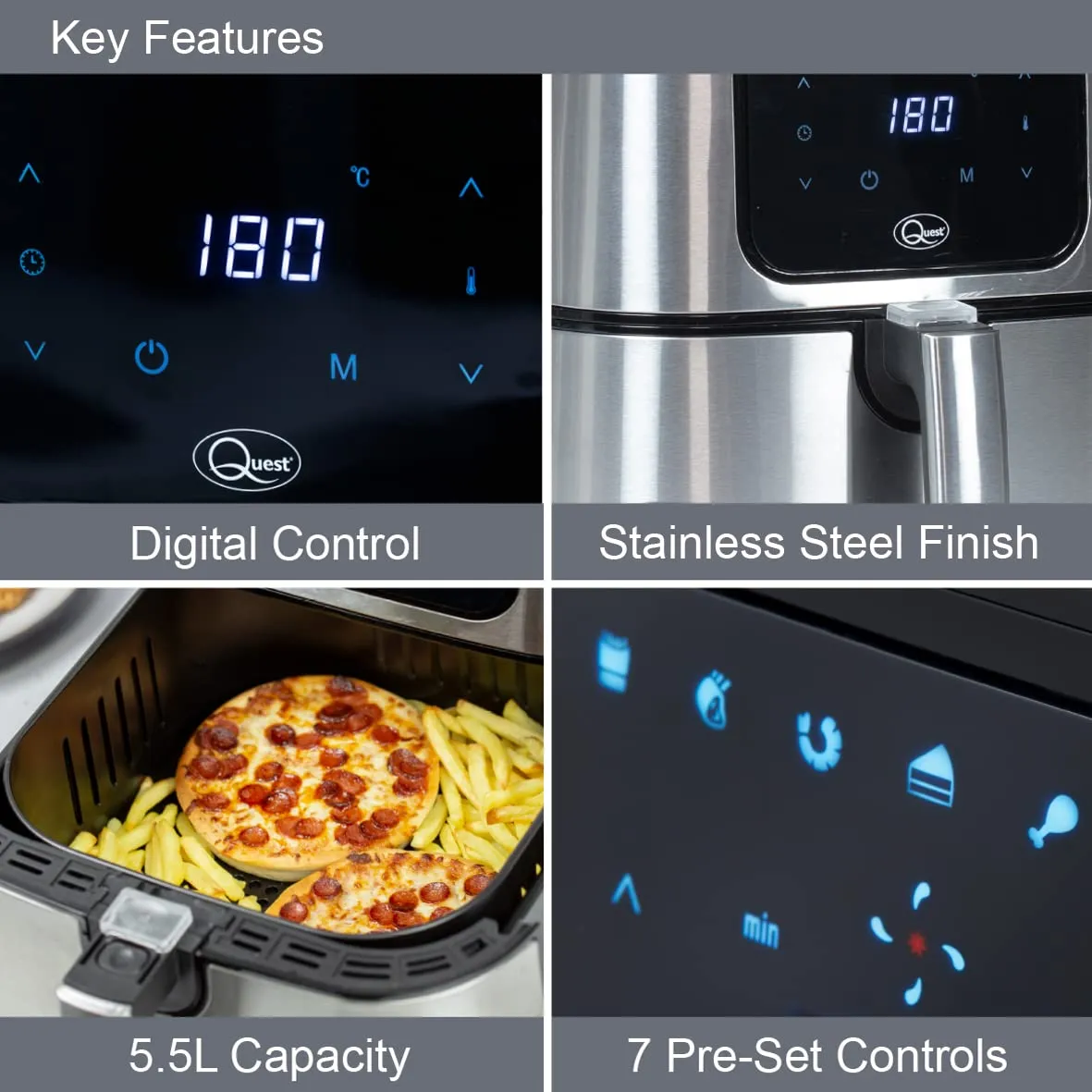 Quest 5.5L Digital Air Fryer/Removable Basket/Energy Efficient/Non-Stick/Adjustable Temperature & 60 Min Timer/Easy Digital Display/Oil Free Air Fryers