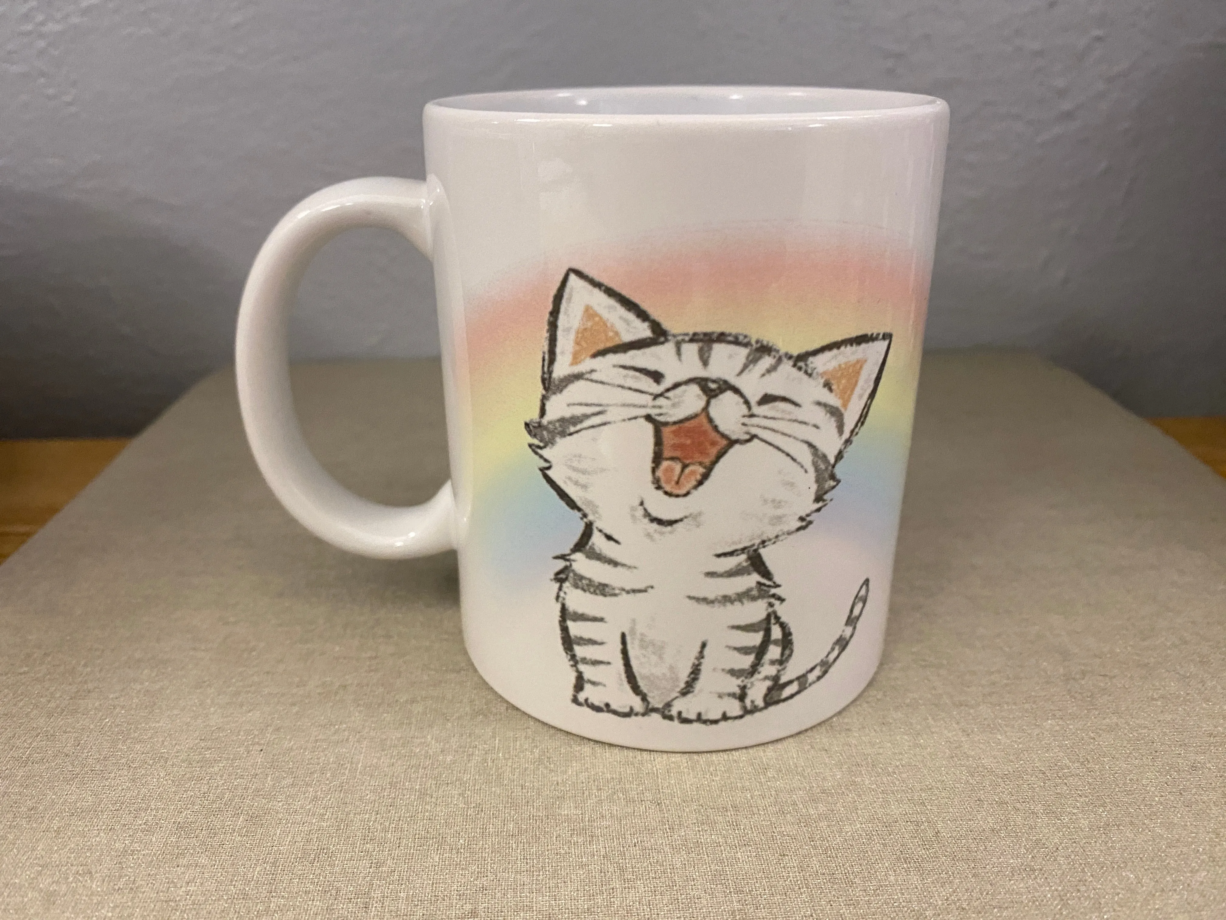 Rainbow Singing Cat mug, custom coffee mug, Cat Mug, coffee lovers mug, Grey Tabby Mug, custom mug, Tabby Cat Mug