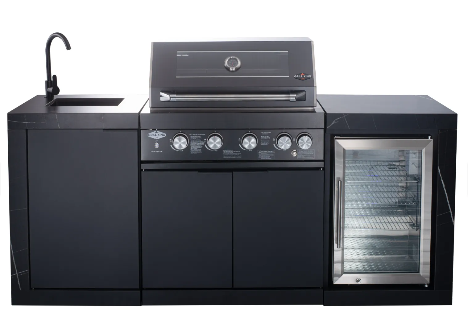 Rockpool 4B: Designer Black Outdoor BBQ Kitchen Package inc Fridge, Sink Rear Infrared, Rotisserie, BBQ Cover