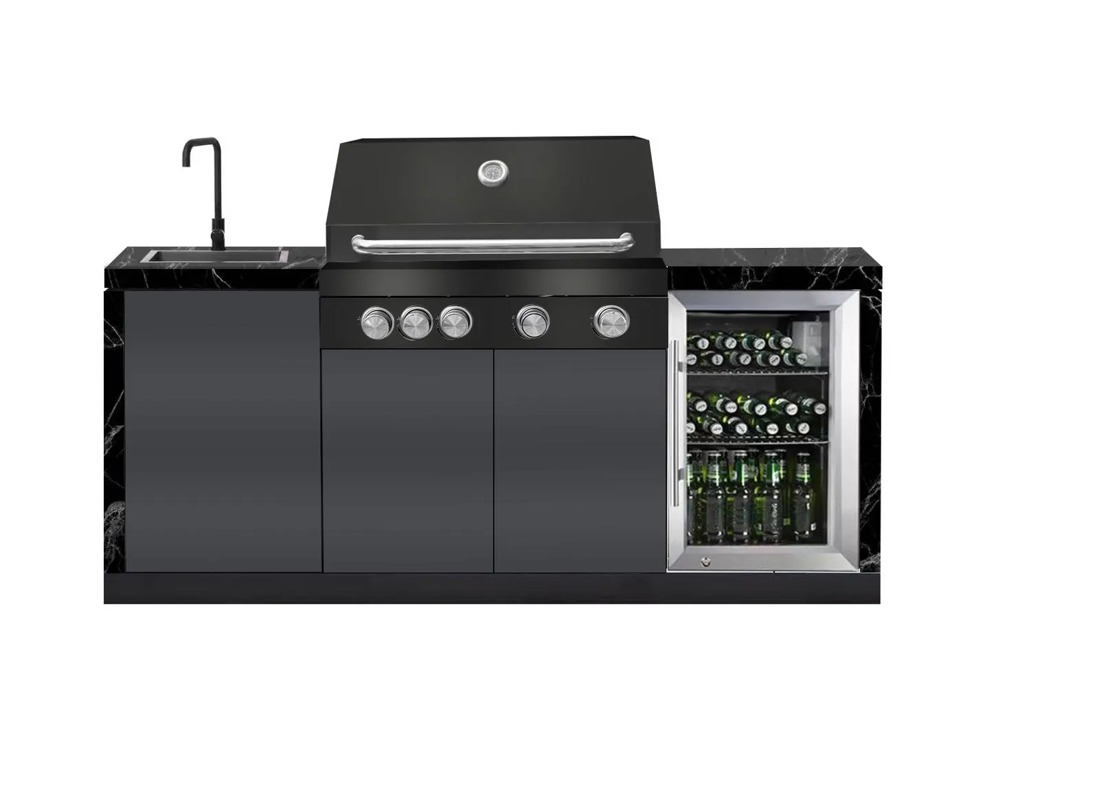 Rockpool 4B: Designer Black Outdoor BBQ Kitchen Package inc Fridge, Sink Rear Infrared, Rotisserie, BBQ Cover