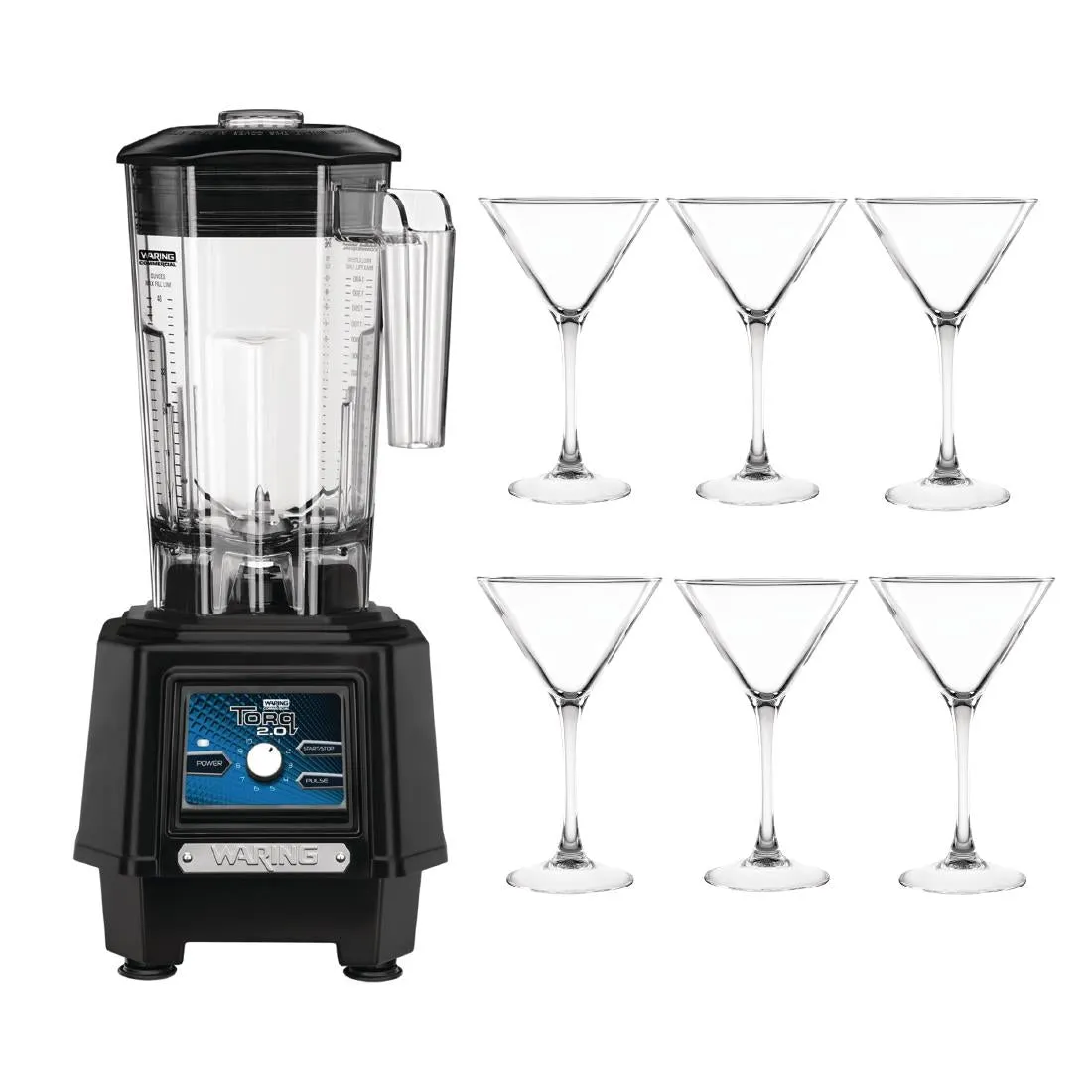 SA601 Waring Torq 2 Bar Blender TBB175K and Martini Glasses Bundle