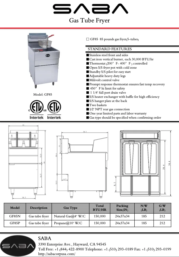 SABA GF85-N - Commercial Gas Fryer (Natural Gas)