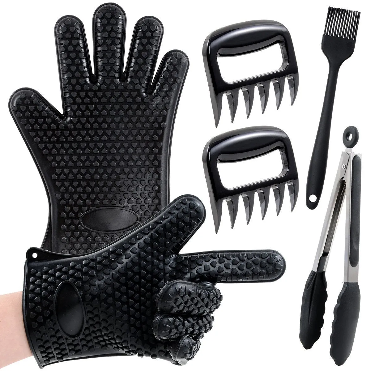 Silicone BBQ /Cooking Gloves -Meat Shredder Claws -Kitchen Tongs -Silicone Brush Set , Silicone Heat Resistant Grilling BBQ, Oven, Grill, Baking, Cooking / Oven Gloves and Barbecue Claws (Black Set)