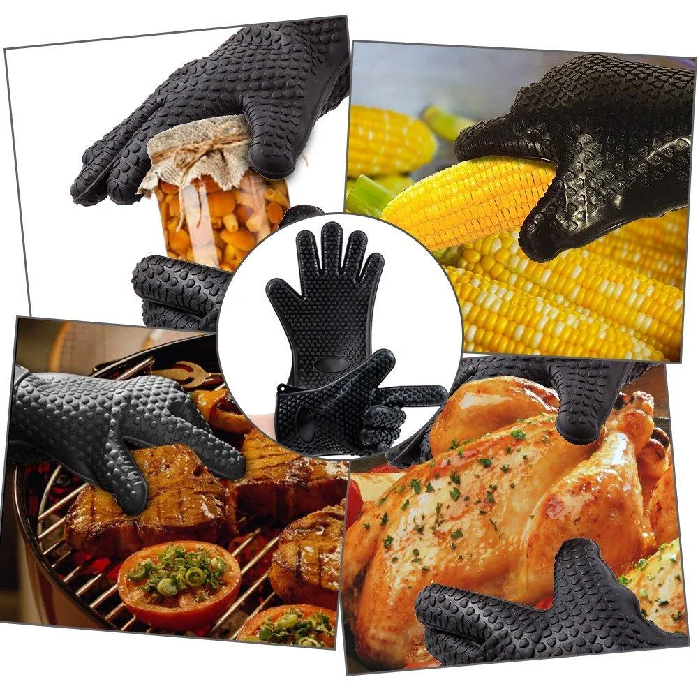 Silicone BBQ /Cooking Gloves -Meat Shredder Claws -Kitchen Tongs -Silicone Brush Set , Silicone Heat Resistant Grilling BBQ, Oven, Grill, Baking, Cooking / Oven Gloves and Barbecue Claws (Black Set)