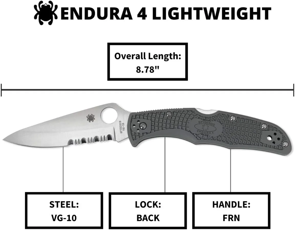 Spyderco, Endura 4 Lightweight Signature Knife with 3.80" VG-10 Steel Blade and Foliage Green FRN Handle - CombinationEdge - C10PSFG