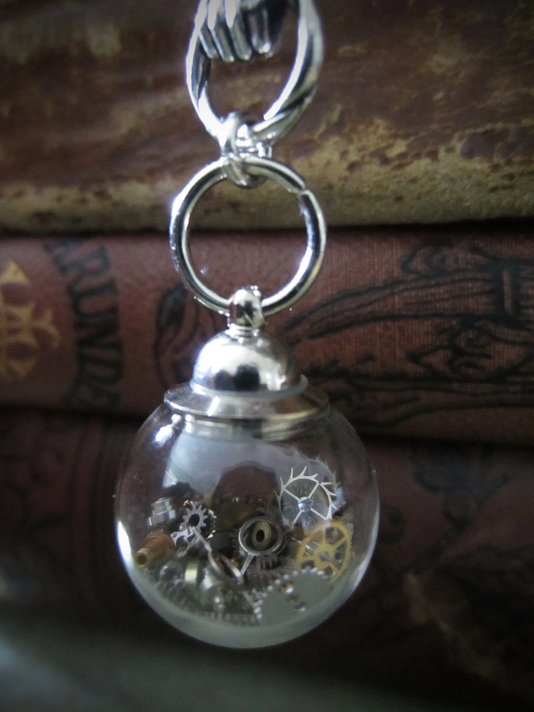 Steampunk jewelry Pendant Gift for her Steampunk Glass Bottle Necklace with Vintage Watch Parts, Wheels, Gears