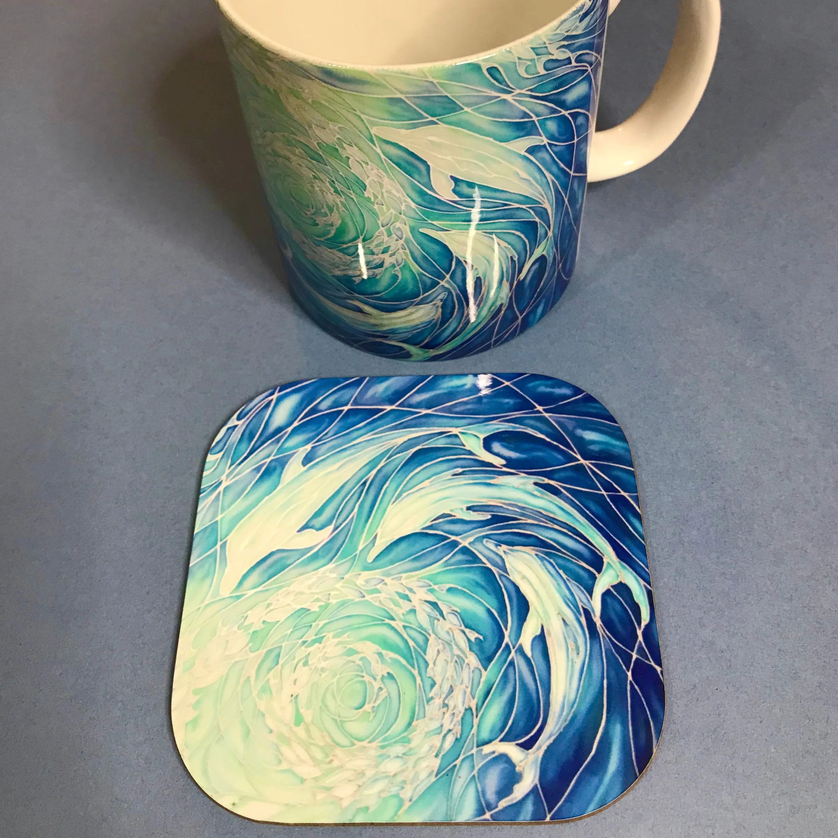 Swirling Dolphins Mug and Coaster - Blue Turquoise Mug Set - Mug Gift