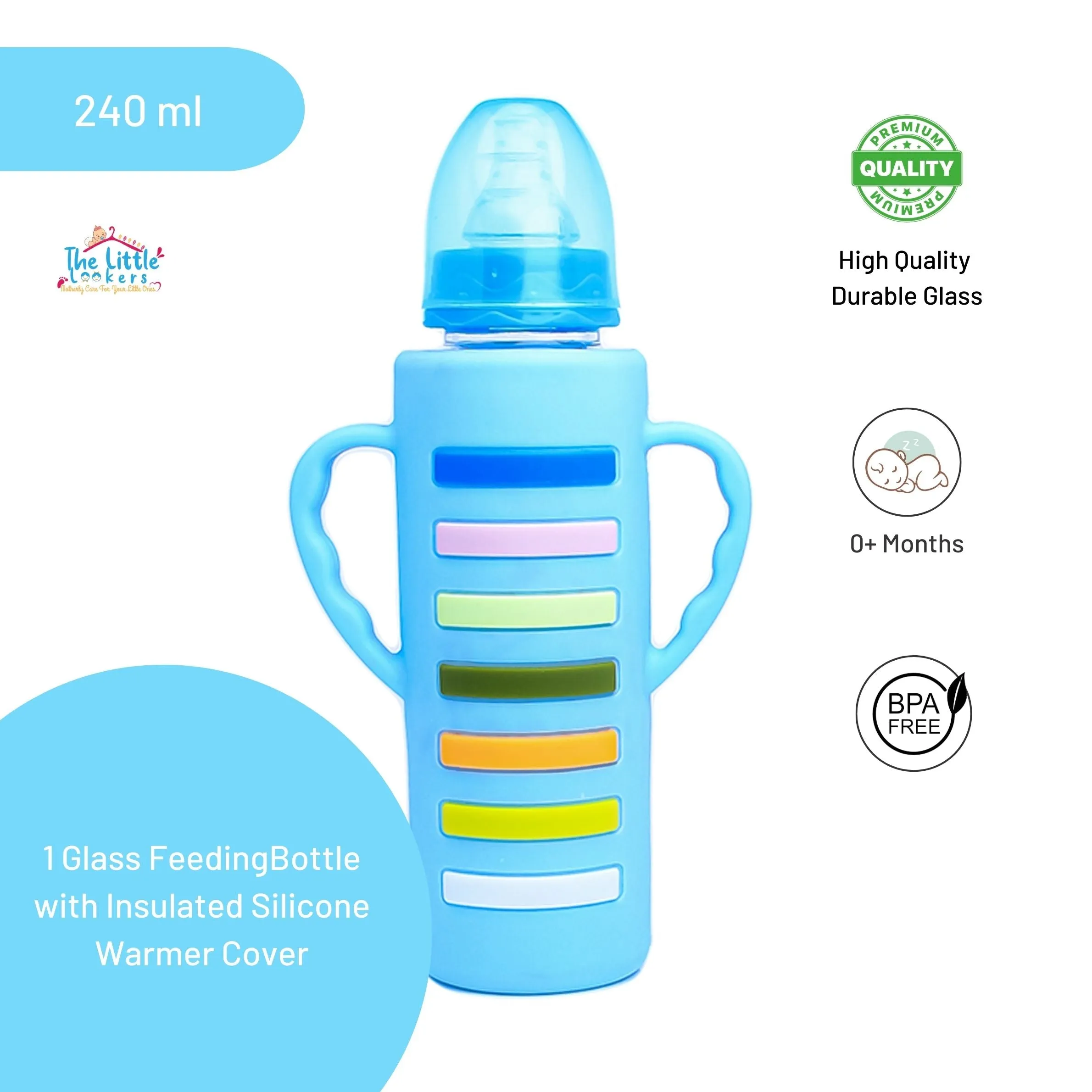 The Little Lookers High Borosilicate Glass Feeding Bottle with Handle Silicon Cover for Baby/Feeder for Newborn | Super Soft Flow Control & Anti Colic Nipple for Infants/Toddlers(Pack of 2)