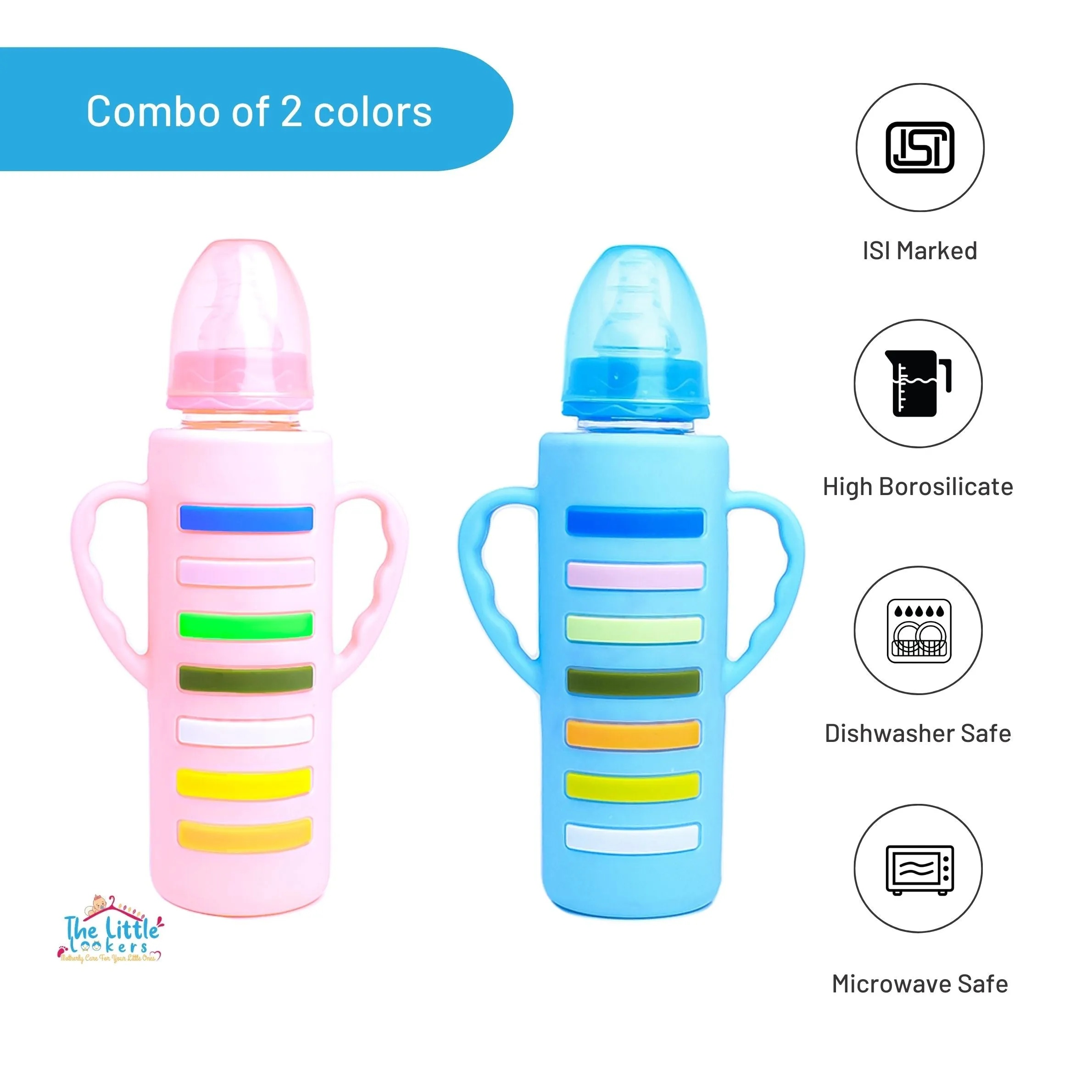 The Little Lookers High Borosilicate Glass Feeding Bottle with Handle Silicon Cover for Baby/Feeder for Newborn | Super Soft Flow Control & Anti Colic Nipple for Infants/Toddlers(Pack of 2)