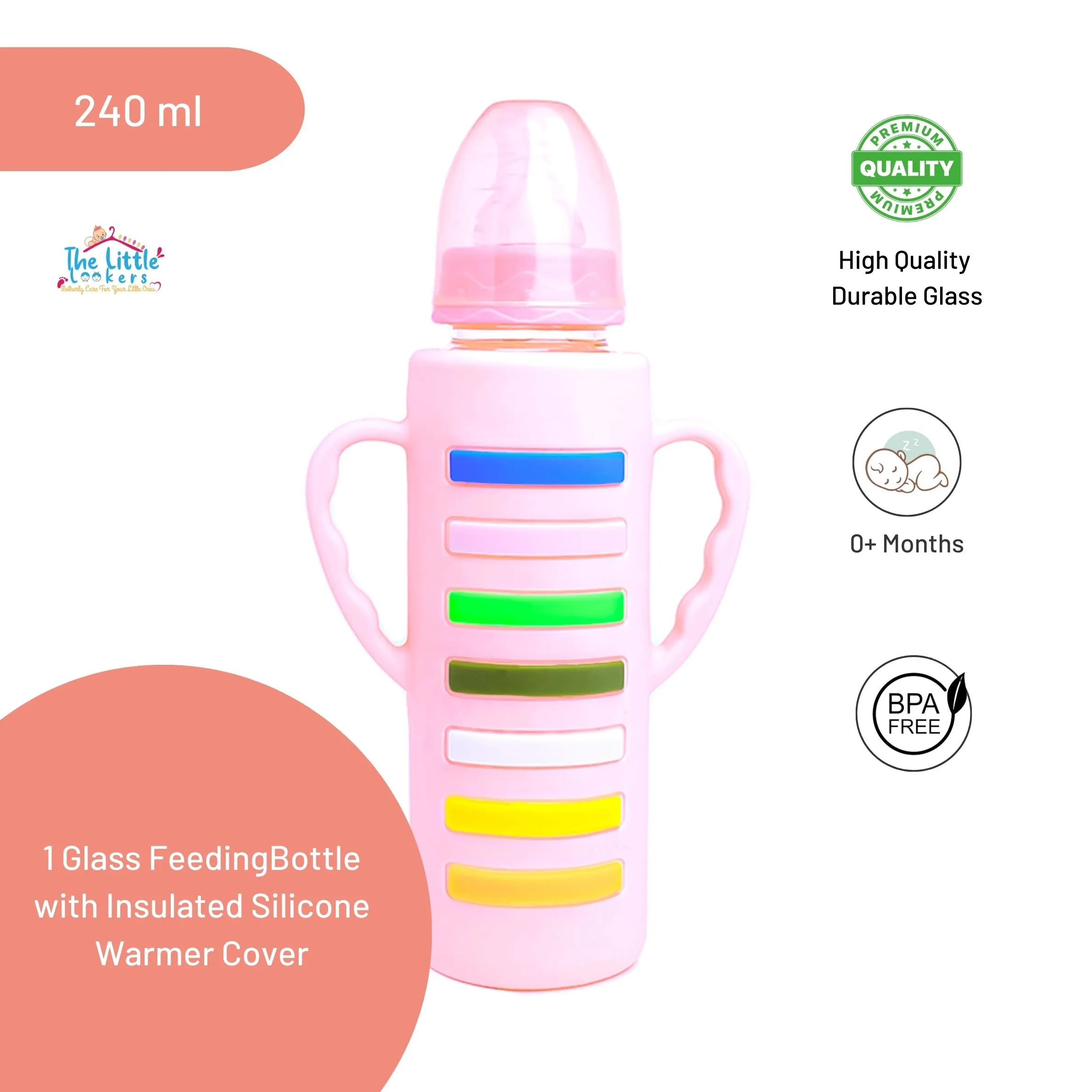 The Little Lookers High Borosilicate Glass Feeding Bottle with Handle Silicon Cover for Baby/Feeder for Newborn | Super Soft Flow Control & Anti Colic Nipple for Infants/Toddlers(Pack of 2)