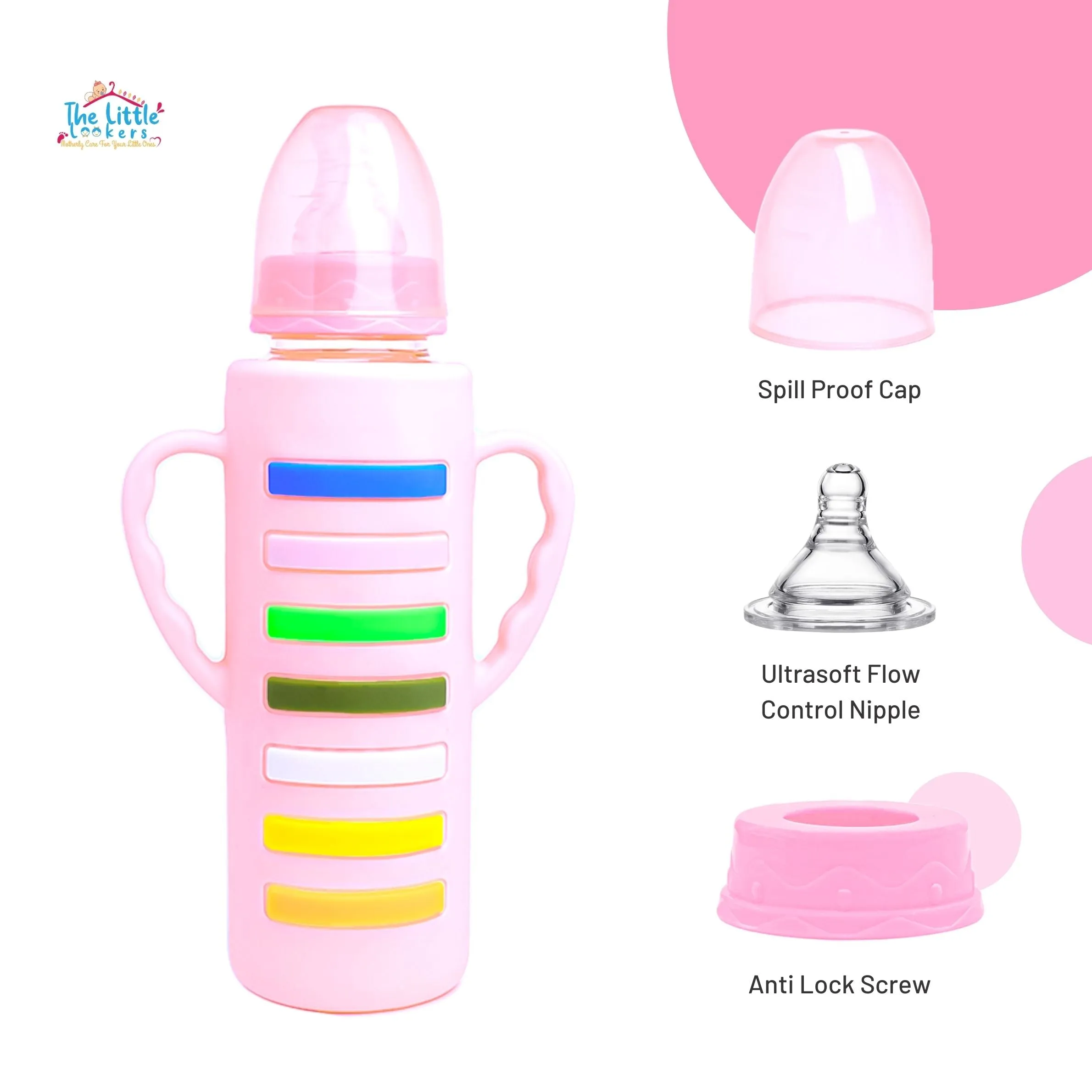 The Little Lookers High Borosilicate Glass Feeding Bottle with Handle Silicon Cover for Baby/Feeder for Newborn | Super Soft Flow Control & Anti Colic Nipple for Infants/Toddlers(Pack of 2)