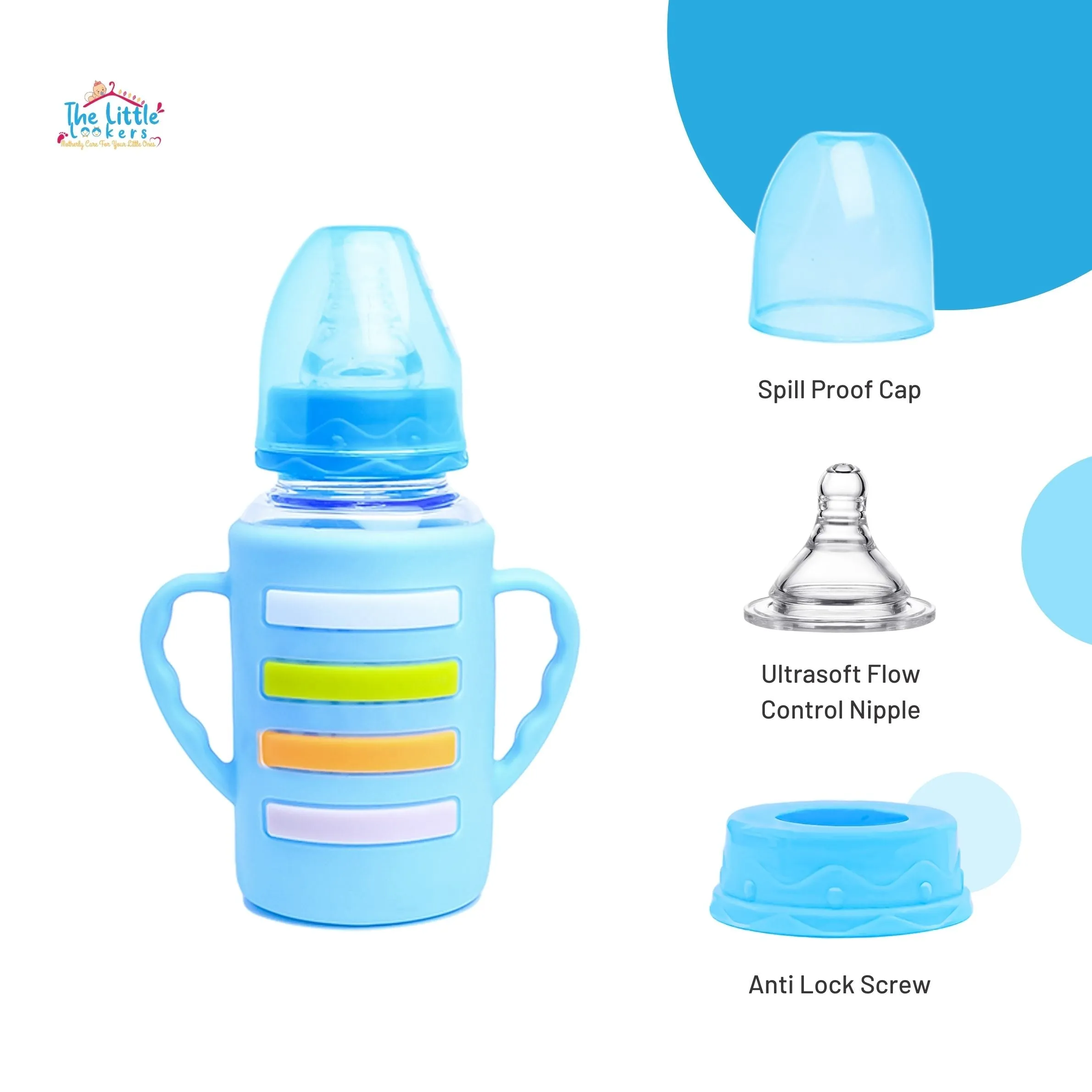 The Little Lookers High Borosilicate Glass Feeding Bottle with Handle Silicon Cover for Baby/Feeder for Newborn | Super Soft Flow Control & Anti Colic Nipple for Infants/Toddlers(Pack of 2)