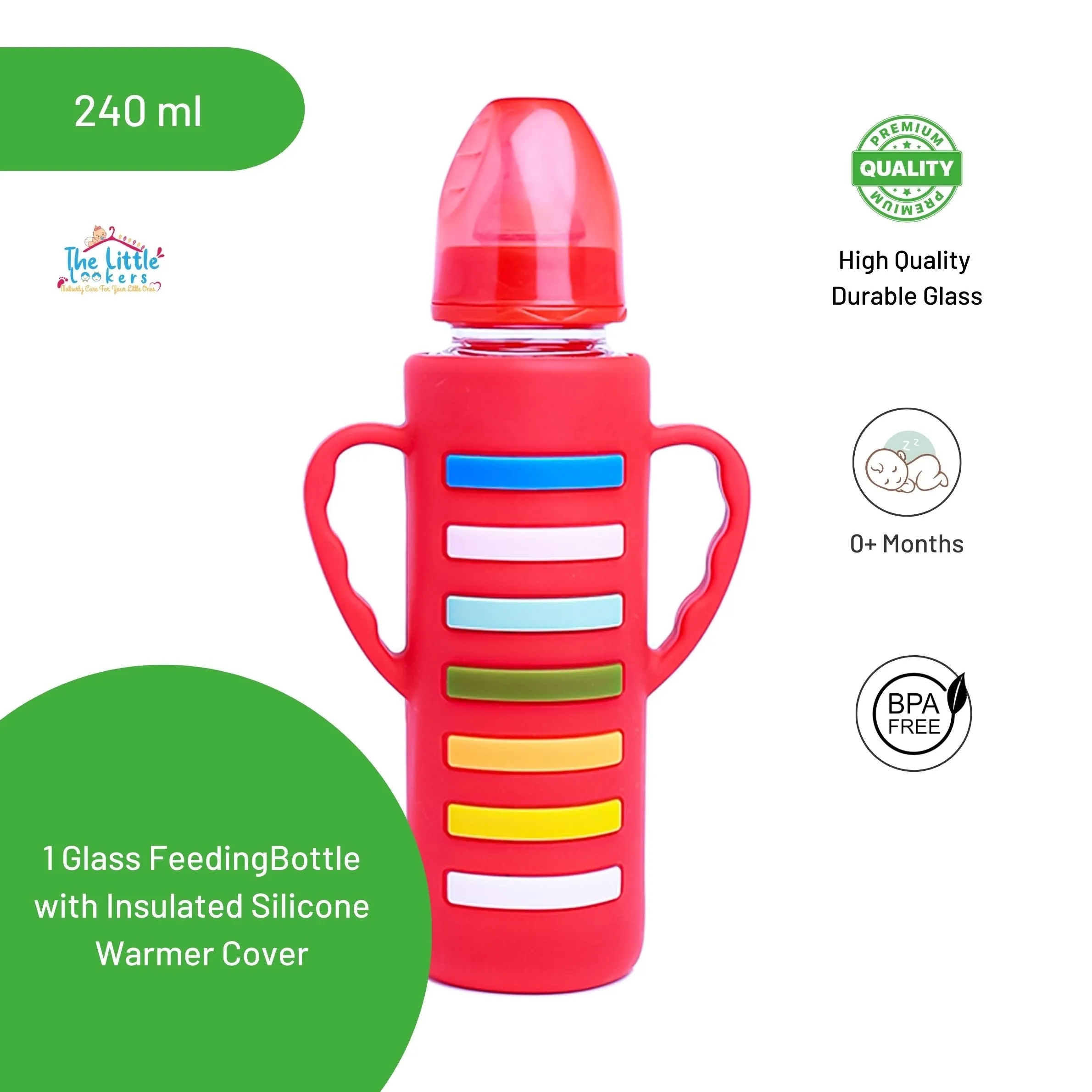 The Little Lookers High Borosilicate Glass Feeding Bottle with Handle Silicon Cover for Baby/Feeder for Newborn | Super Soft Flow Control & Anti Colic Nipple for Infants/Toddlers(Pack of 2)