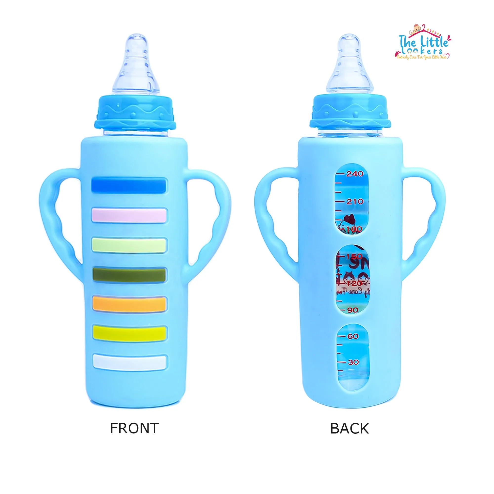 The Little Lookers High Borosilicate Glass Feeding Bottle with Handle Silicon Cover for Baby/Feeder for Newborn | Super Soft Flow Control & Anti Colic Nipple for Infants/Toddlers(Pack of 2)