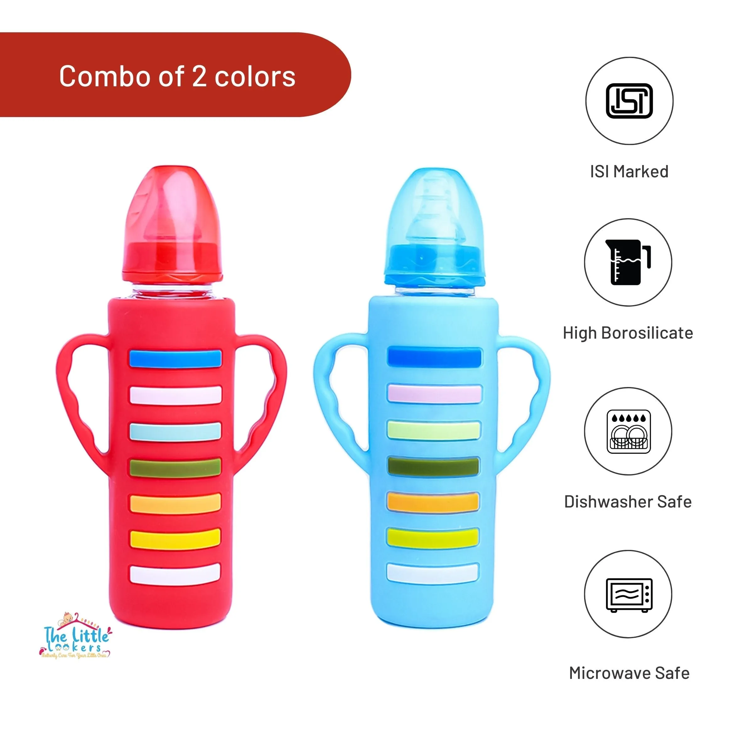 The Little Lookers High Borosilicate Glass Feeding Bottle with Handle Silicon Cover for Baby/Feeder for Newborn | Super Soft Flow Control & Anti Colic Nipple for Infants/Toddlers(Pack of 2)