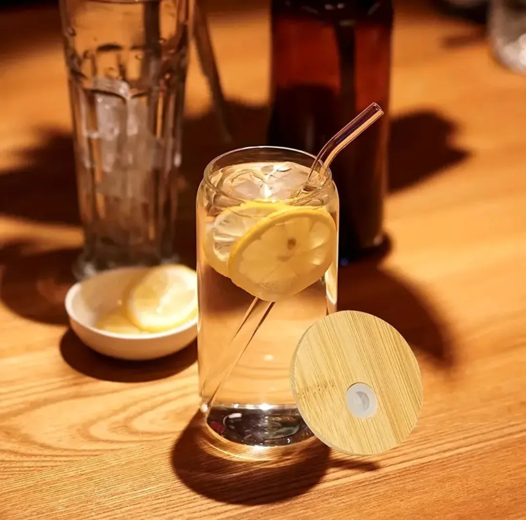 Transparent Round Drinking Glass Tumbler with Bamboo Lid And Glass Straw