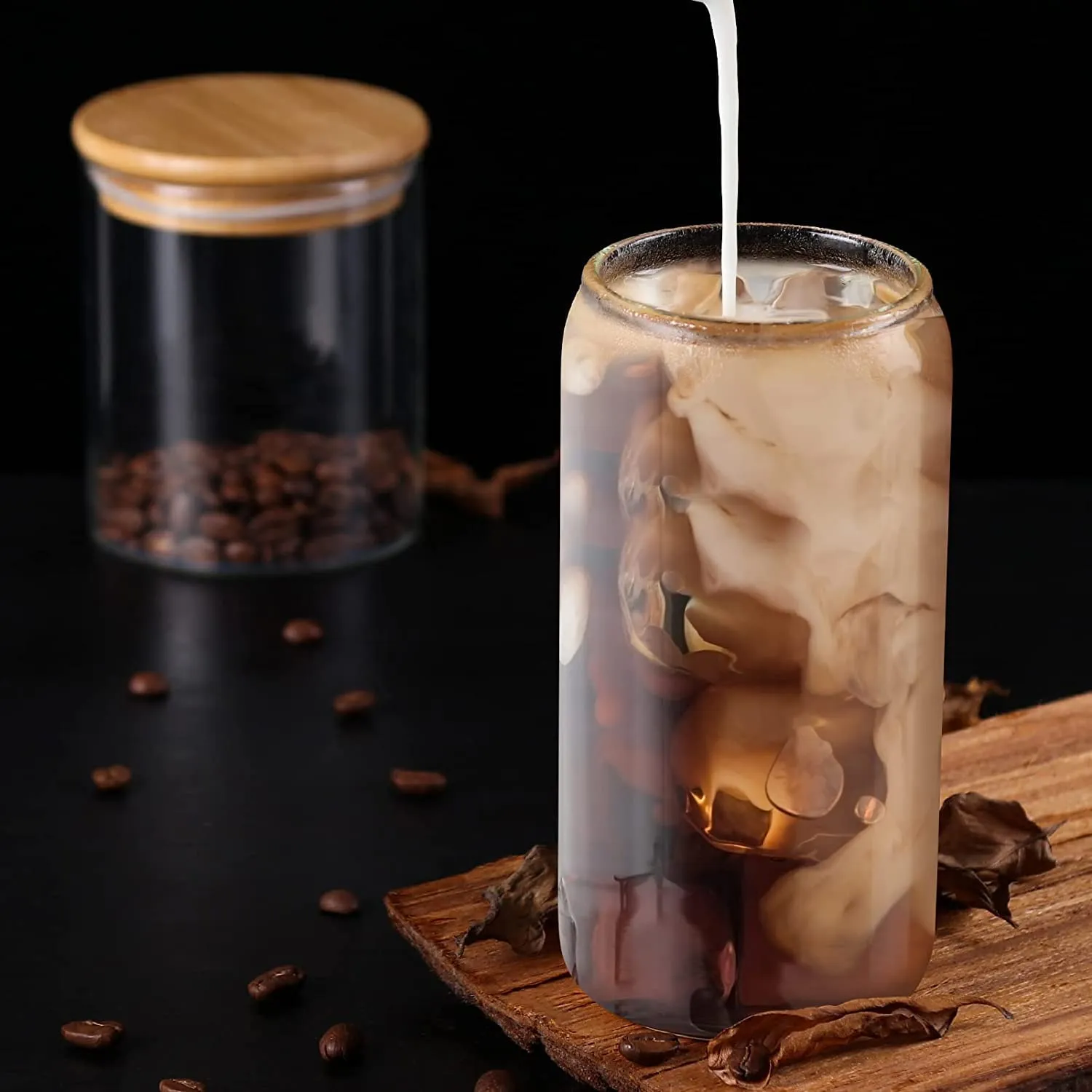 Transparent Round Drinking Glass Tumbler with Bamboo Lid And Glass Straw