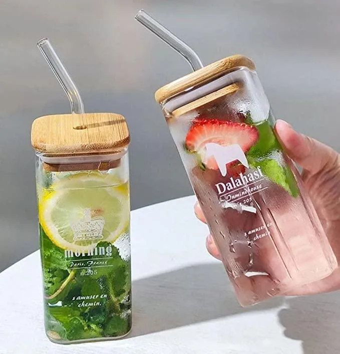 Transparent Square Glass Tumbler Drinking Glass with Glass Straw And Airtight Bamboo Lid