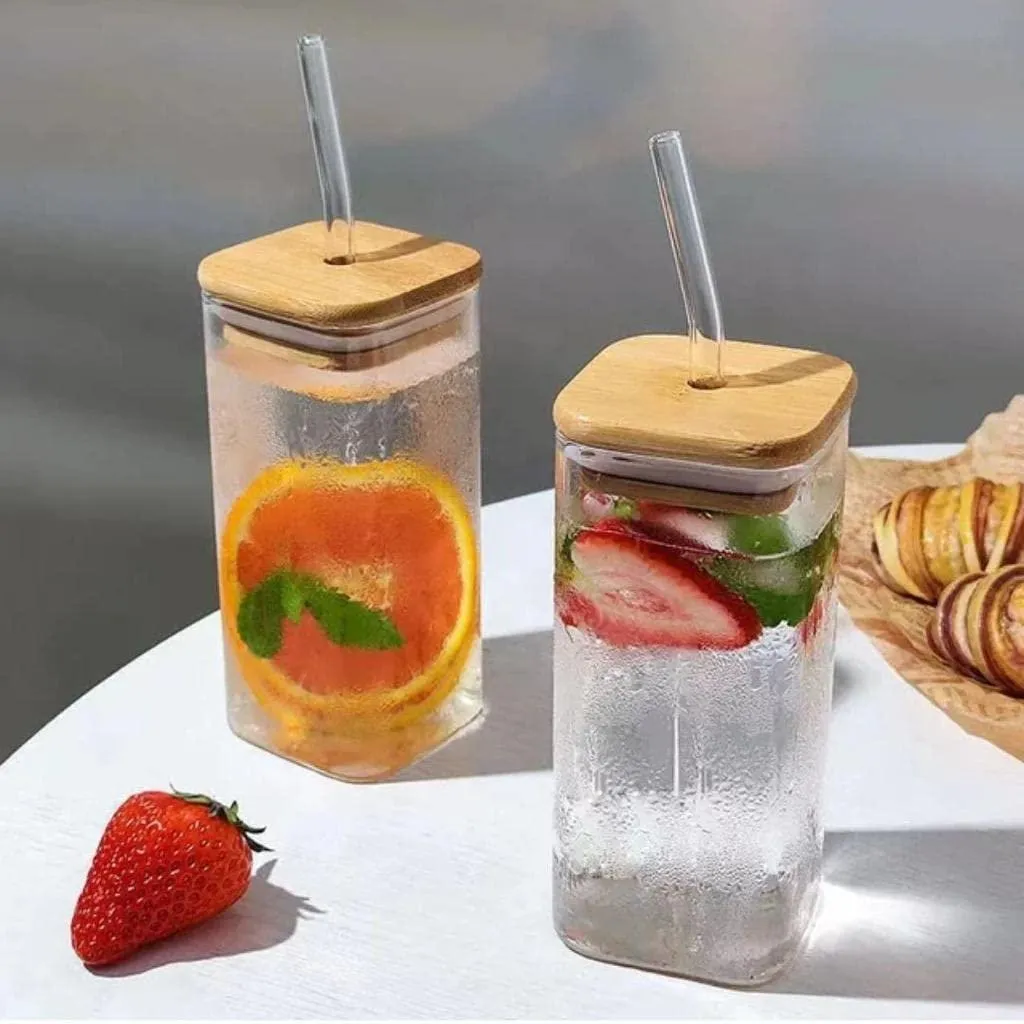 Transparent Square Glass Tumbler Drinking Glass with Glass Straw And Airtight Bamboo Lid