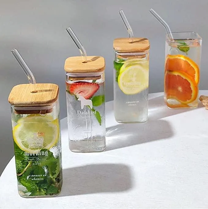 Transparent Square Glass Tumbler Drinking Glass with Glass Straw And Airtight Bamboo Lid