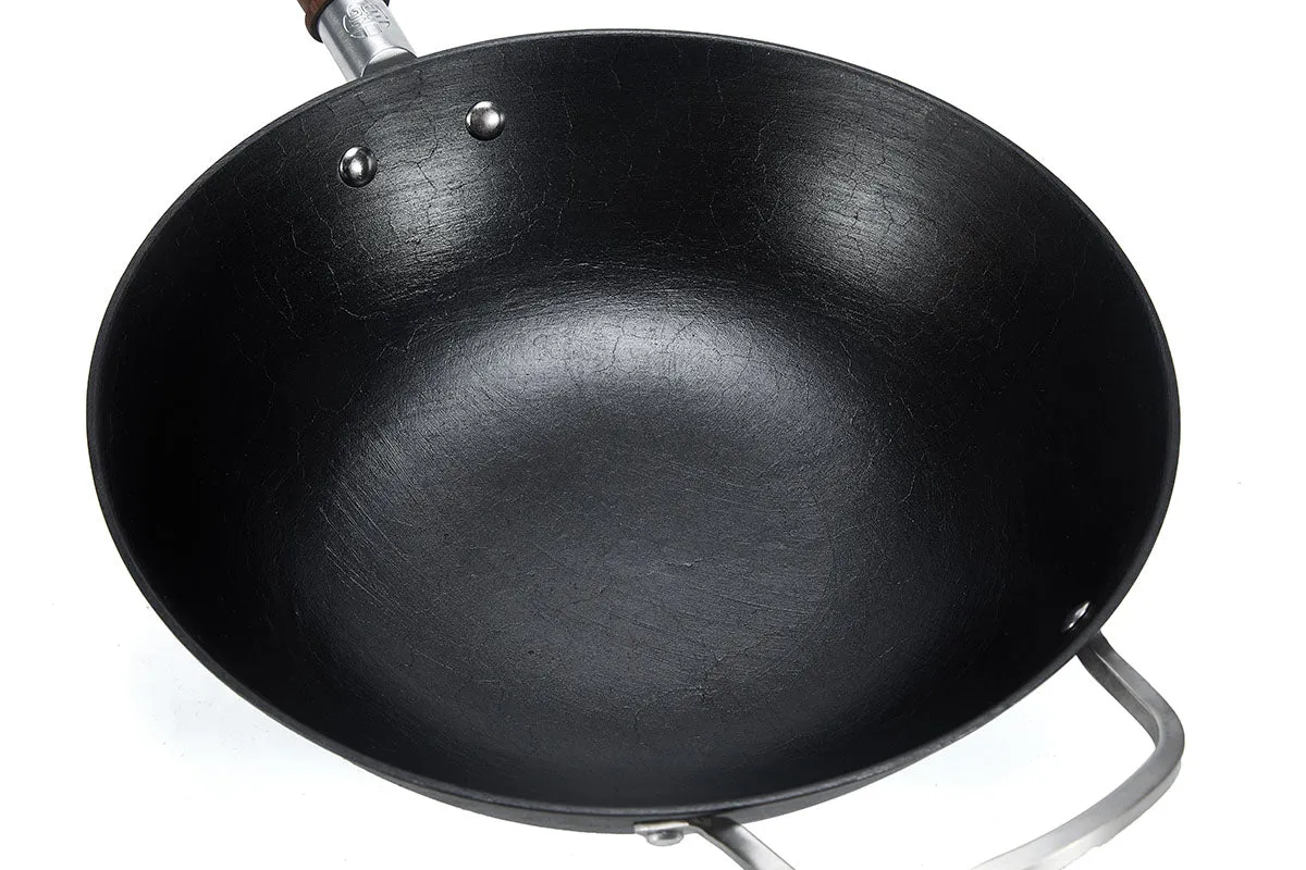 WANGYUANJI Cast Iron Wok Pan With 304 Stainless Steel Side Handle