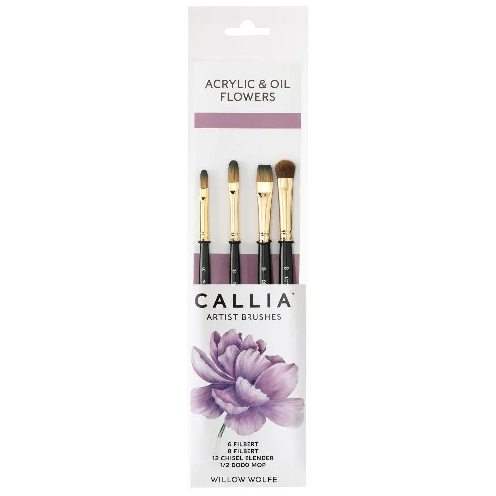 Willow Wolfe Callia Artist Acrylic & Oil Flowers Brush Set Filberts, Chisel, Dodo Mop*