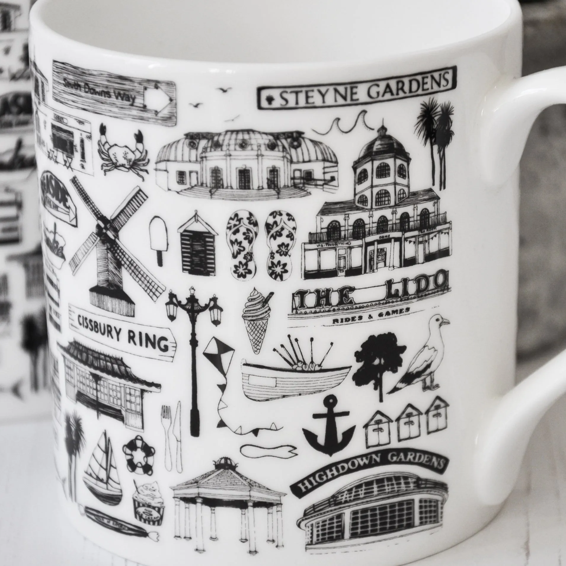 Worthing illustrated black and white mug