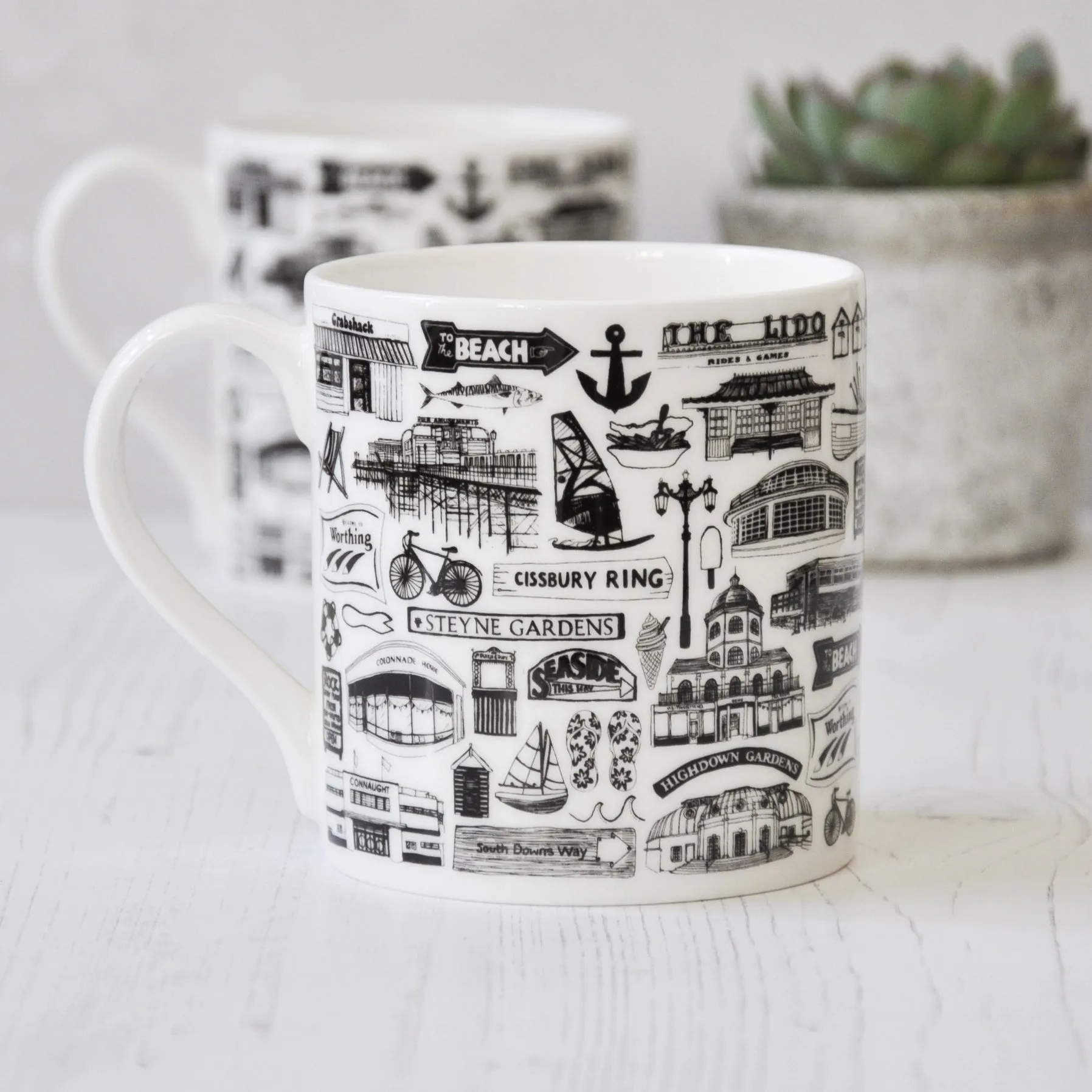 Worthing illustrated black and white mug