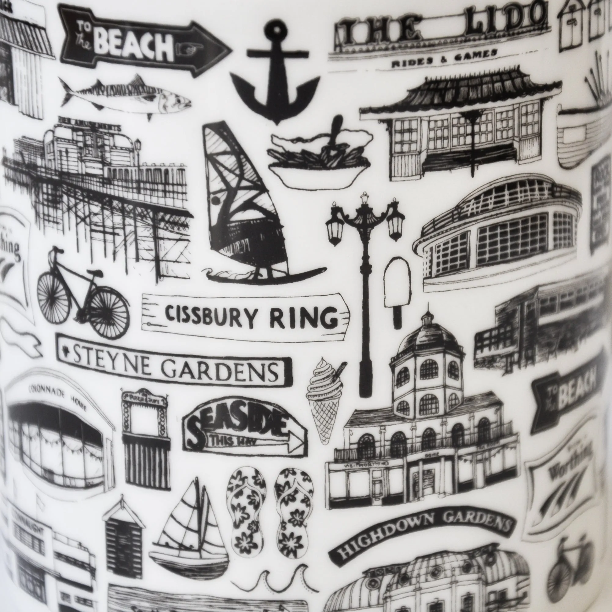 Worthing illustrated black and white mug