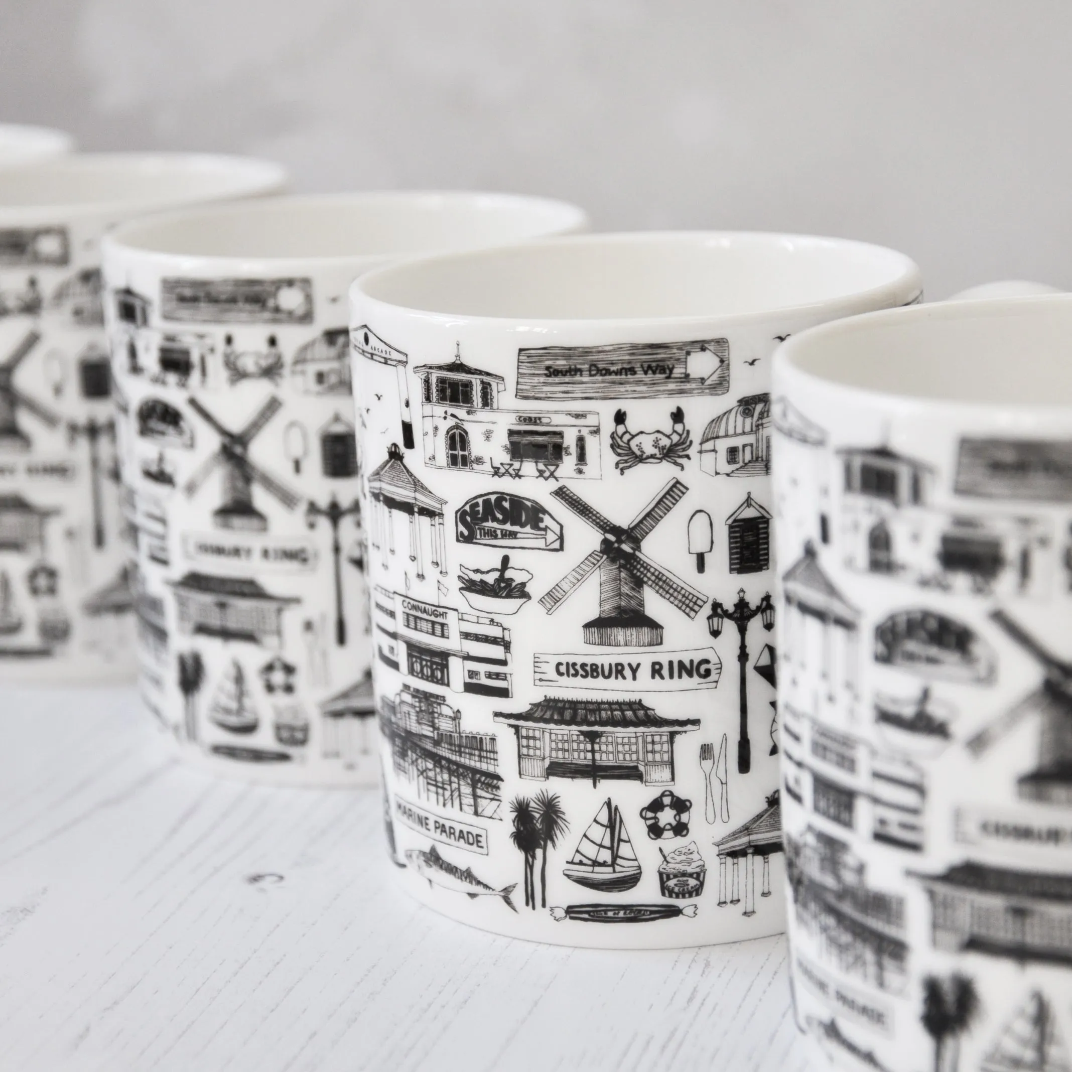 Worthing illustrated black and white mug