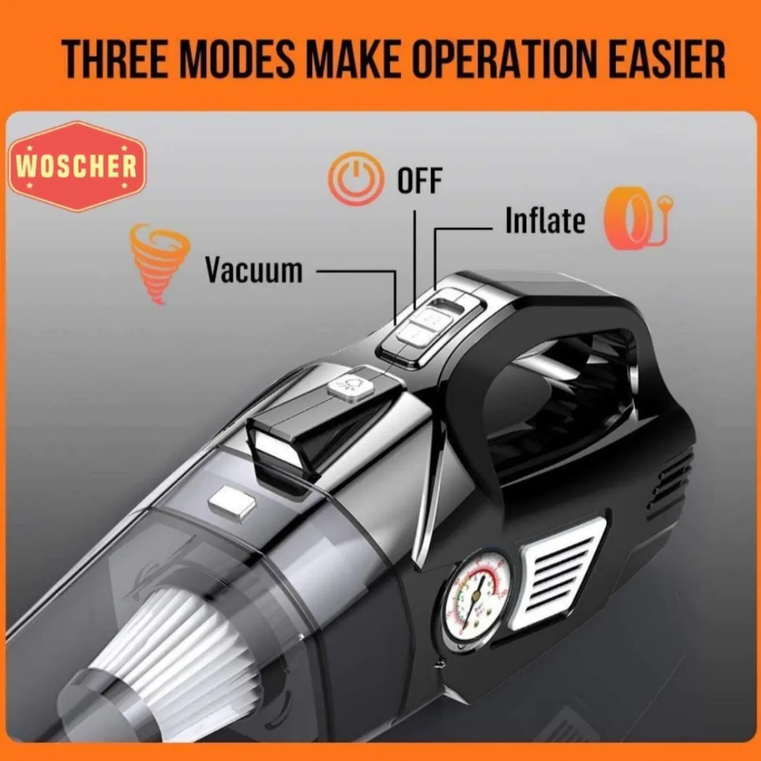 Woscher 578 2in1 Portable Tyre Inflator and Vacuum Cleaner with In-built LED Torch Light, 12V DC High Power Suction (5500 PA), 11FT Power Cord, Wet and Dry Use for All Car, Bike, Cycle and Scooter